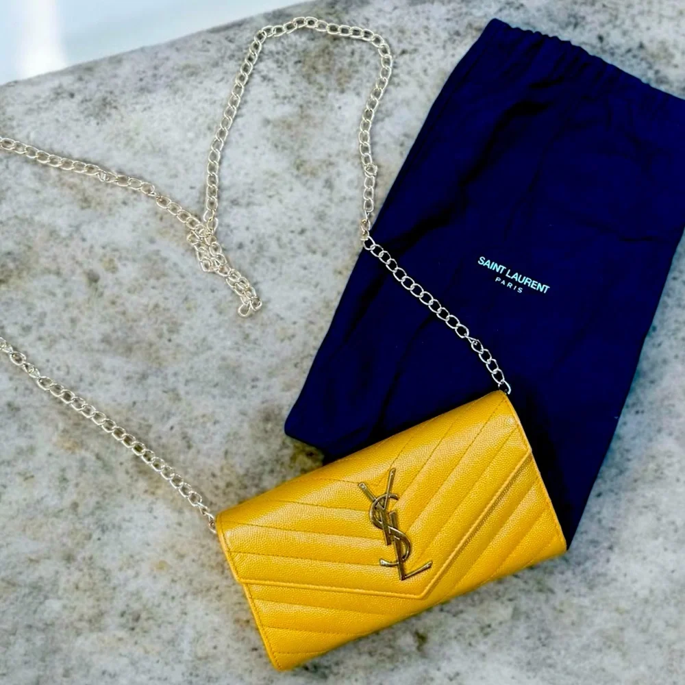 Saint Laurent YSL Cassandre Envelope Leather Wallet on Chain Mustard with COA